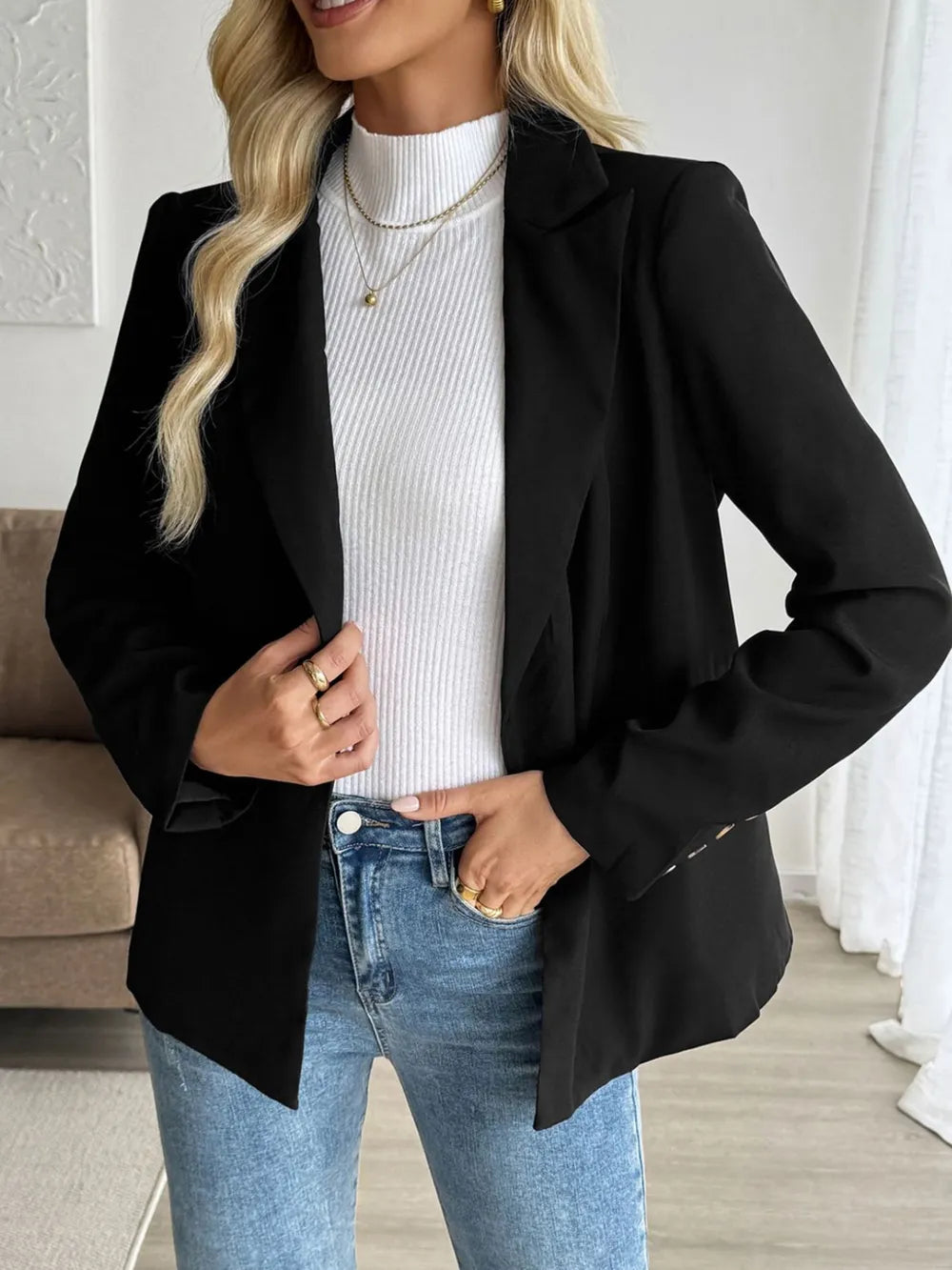 Perfee Lapel Collar Long Sleeve Blazer - Fashorio