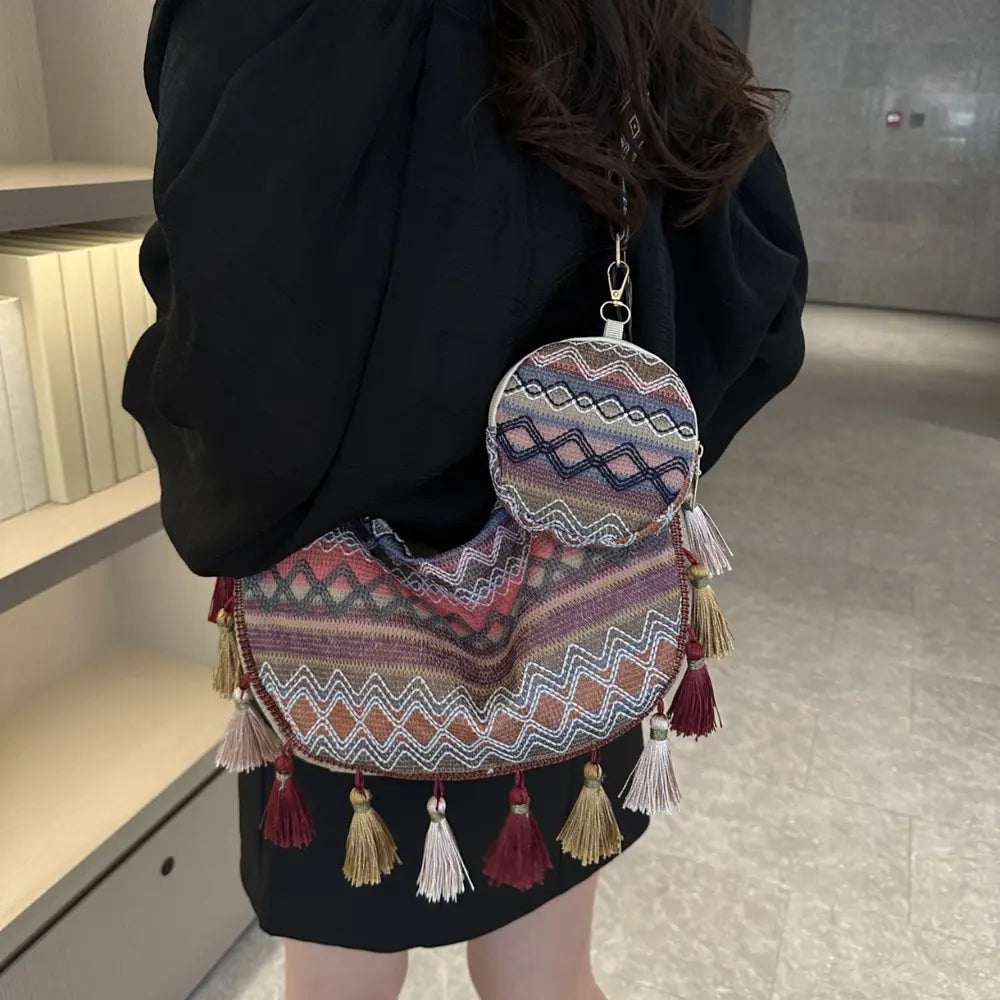 Printed Tassel Detail Crossbody Bag with Small Purse - Fashorio