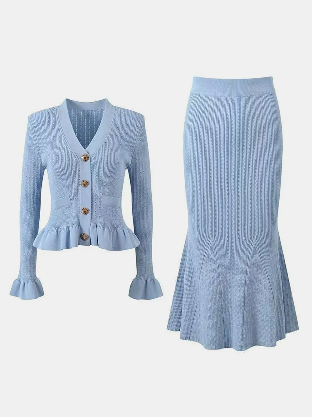 Ruffled V-Neck Top and Midi Skirt Sweater Set - Fashorio