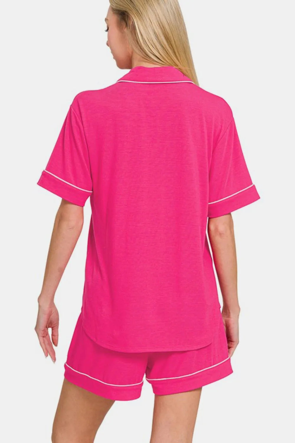 Zenana Button Down Short Sleeve Top and Shorts Lounge Set - Fashorio