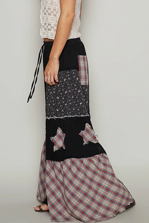 POL Drawstring Star Patch Contrast Wide Leg Pants - Fashorio