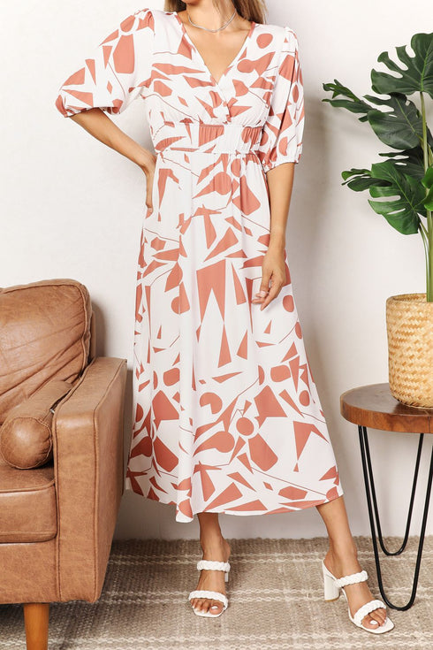 Printed Surplice Balloon Sleeve Dress Camel - Fashorio