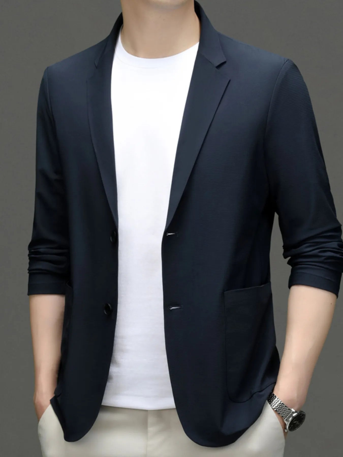 Men's Button Up Long Sleeve Blazer Navy Blue - Fashorio