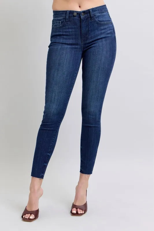 Judy Blue Plus Size Mid Rise Skinny Jeans – Raw Hem Denim Light Blue - Fashorio