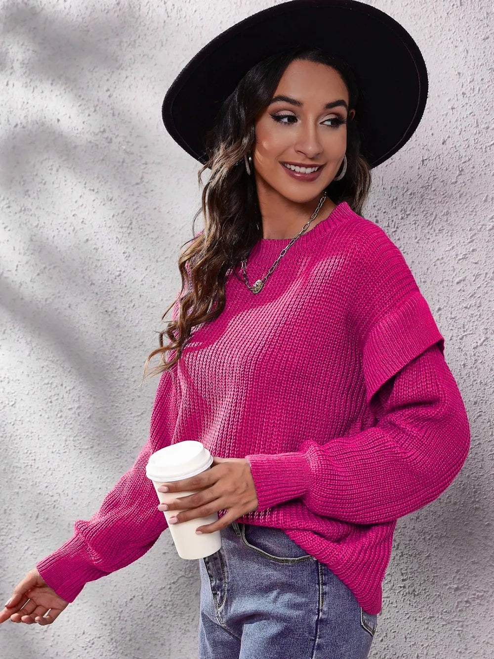 Ruffled Round Neck Dropped Shoulder Sweater - Fashorio