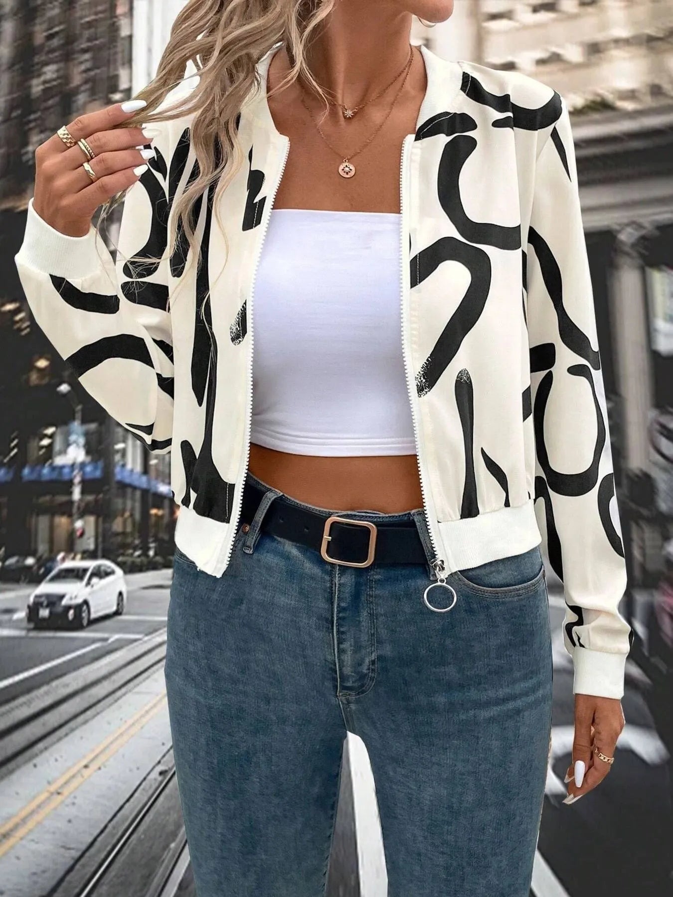 Women’s Number Print Zip Up Long Sleeve Jacket - Fashorio