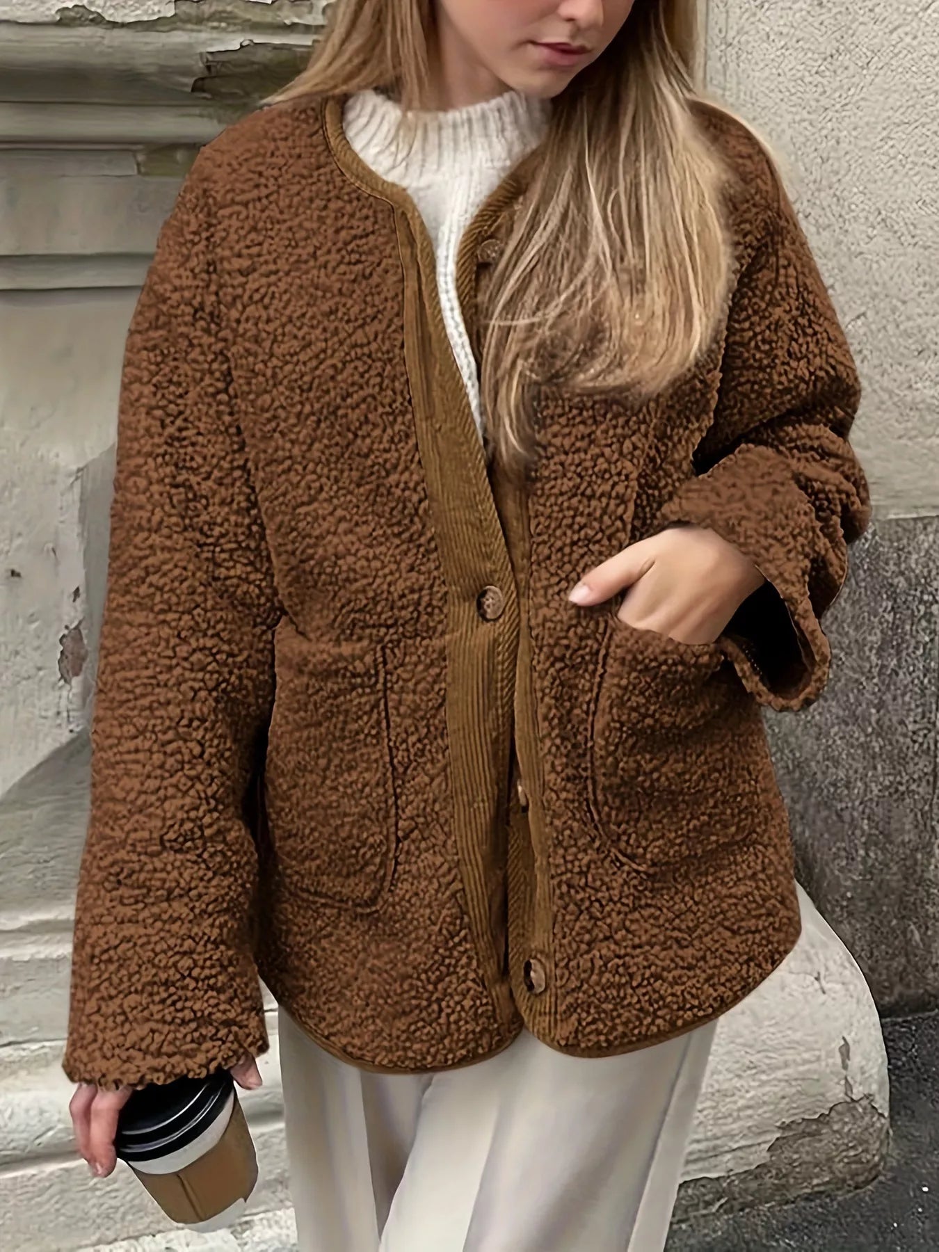 Sherpa Button-Up Outerwear Camel - Fashorio