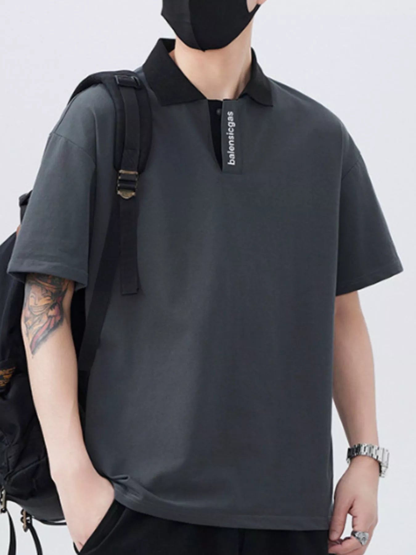 Men's Plus Size Contrast Collar Short Sleeve Polo Dark Gray - Fashorio