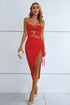 Cutout Strapless Drawstring Detail Split Bandage Dress Red - Fashorio