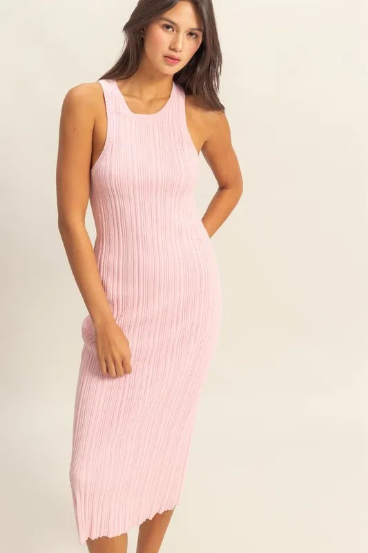 HYFVE Round Neck Bodycon Ribbed Knit Dress SOFT PINK - Fashorio