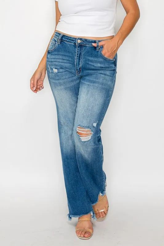 bytos Full Size Raw Hem Distressed Mid Rise Straight Jeans - Fashorio