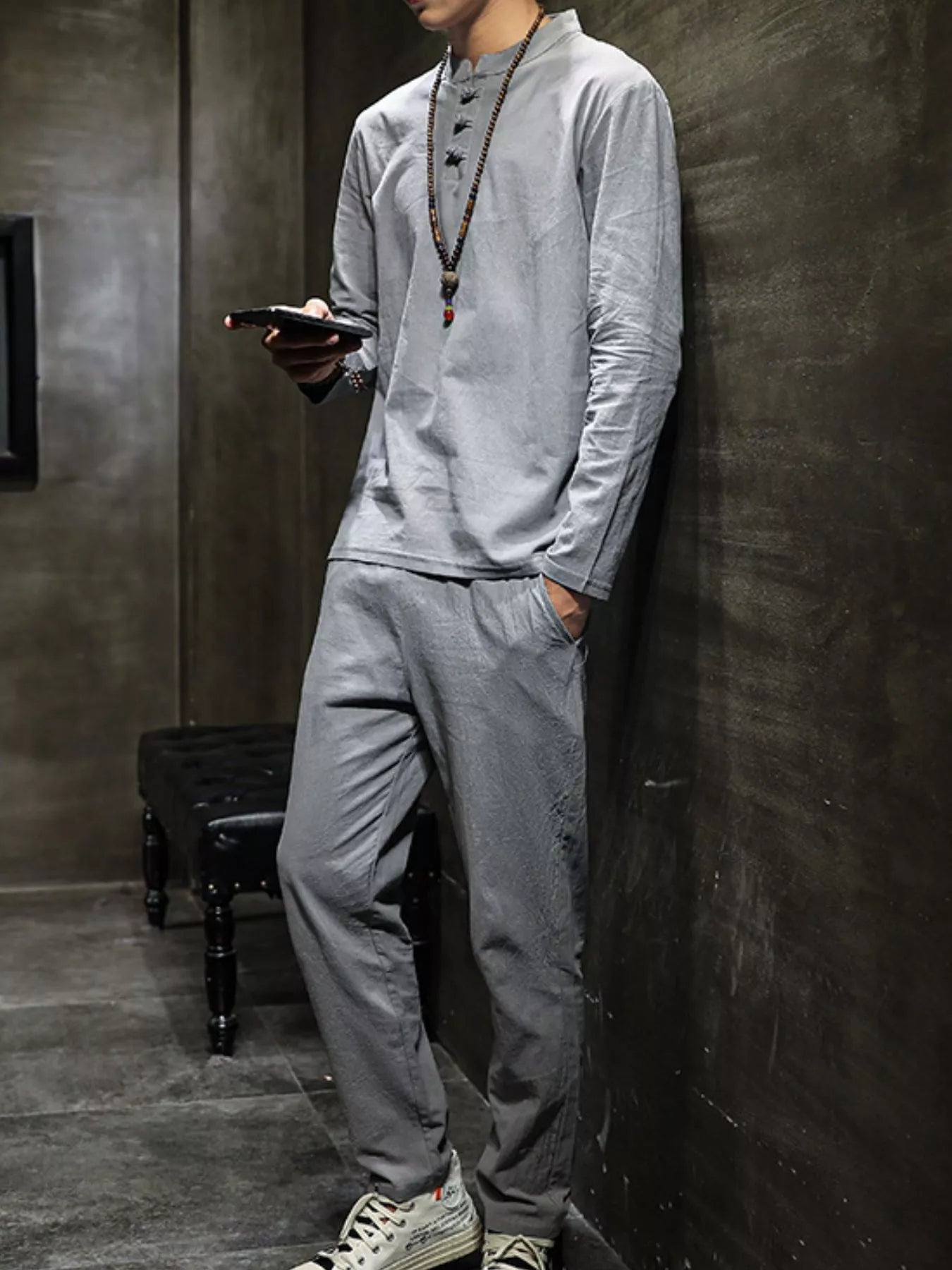 Men's Plus Size Button Detail Long Sleeve Top and Pants Set Gray - Fashorio
