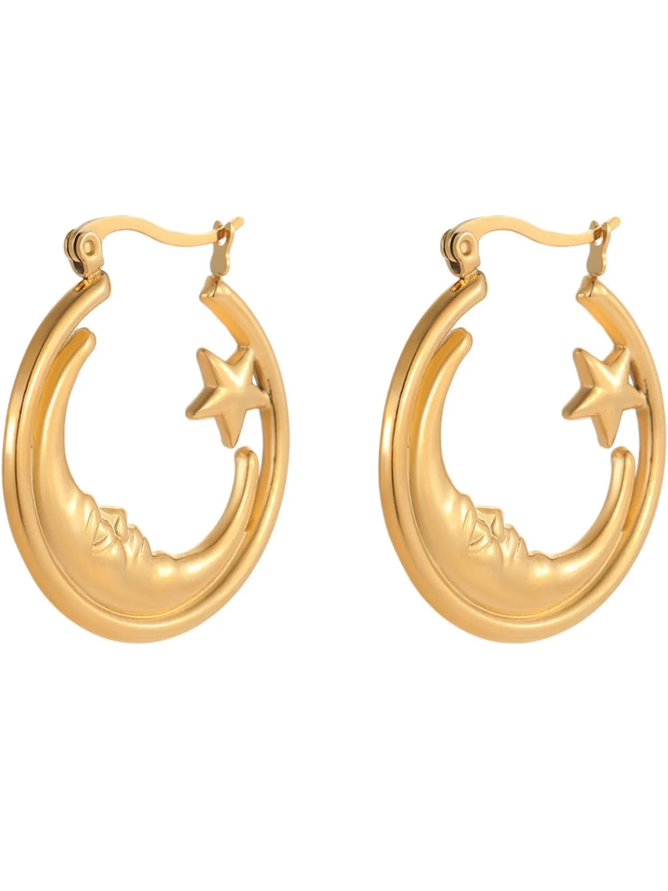 18K Gold-Plated Crescent Moon Star Hoop Earrings - Fashorio
