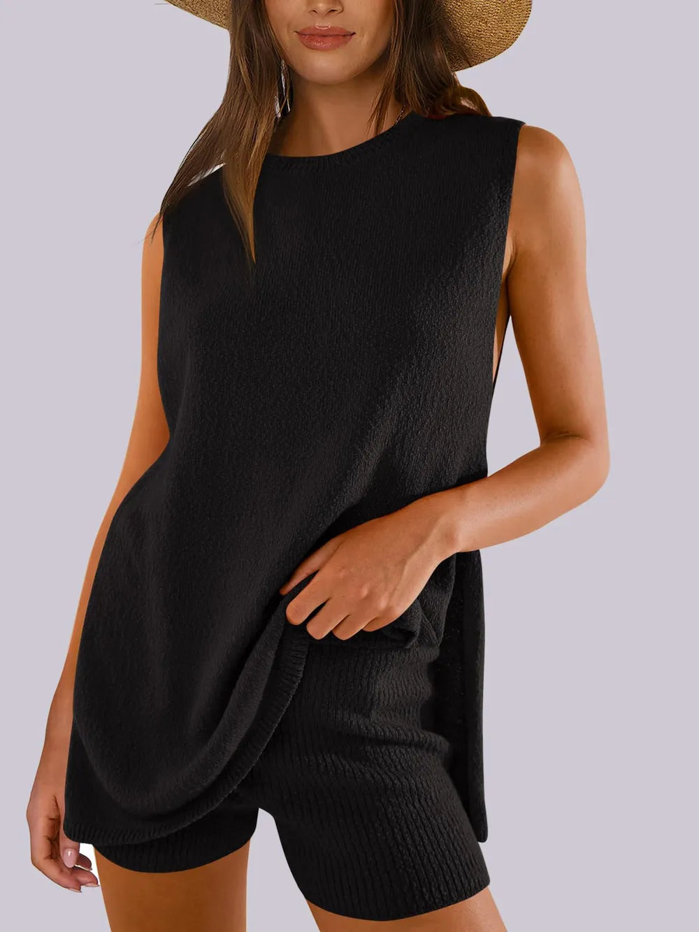 Side Slit Round Neck Tank and Ribbed Shorts Sweater Set Black - Fashorio