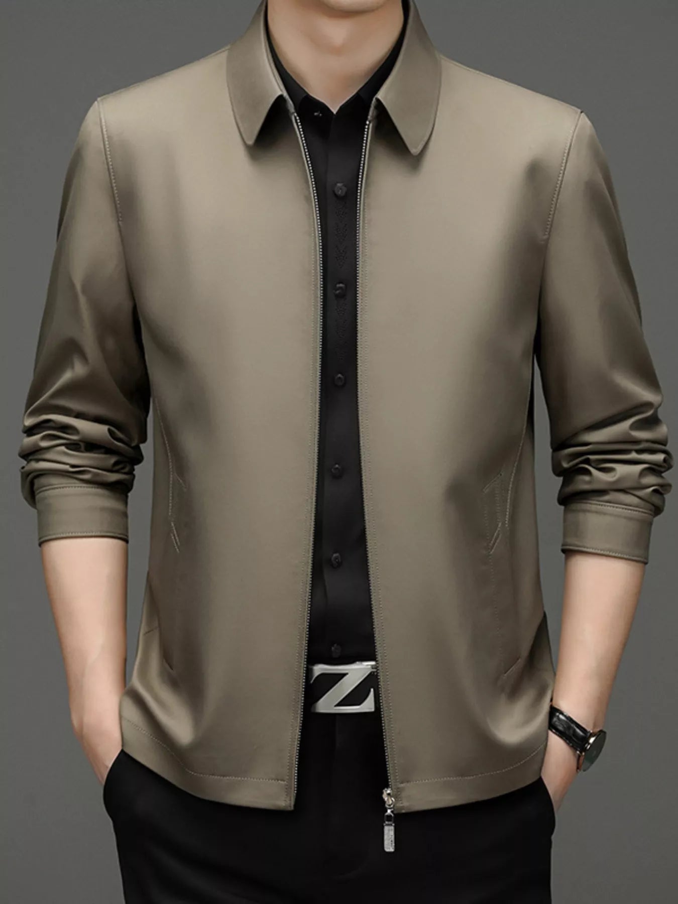 Men's Plus Size Zip Up Long Sleeve Jacket Khaki - Fashorio
