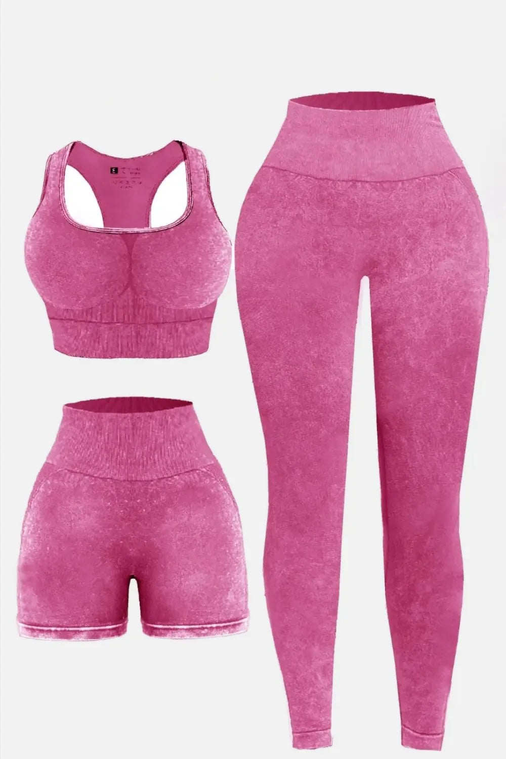 3 Piece Washed Square Neck Wide Strap Active Set Deep Rose - Fashorio