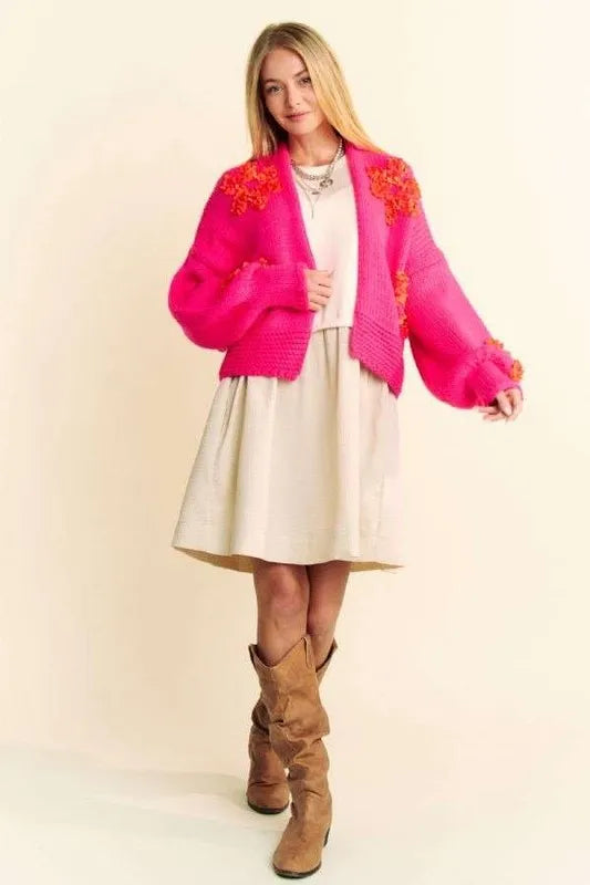 Davi & Dani Floral Applique Open Front Drop Shoulder Cardigan - Fashorio