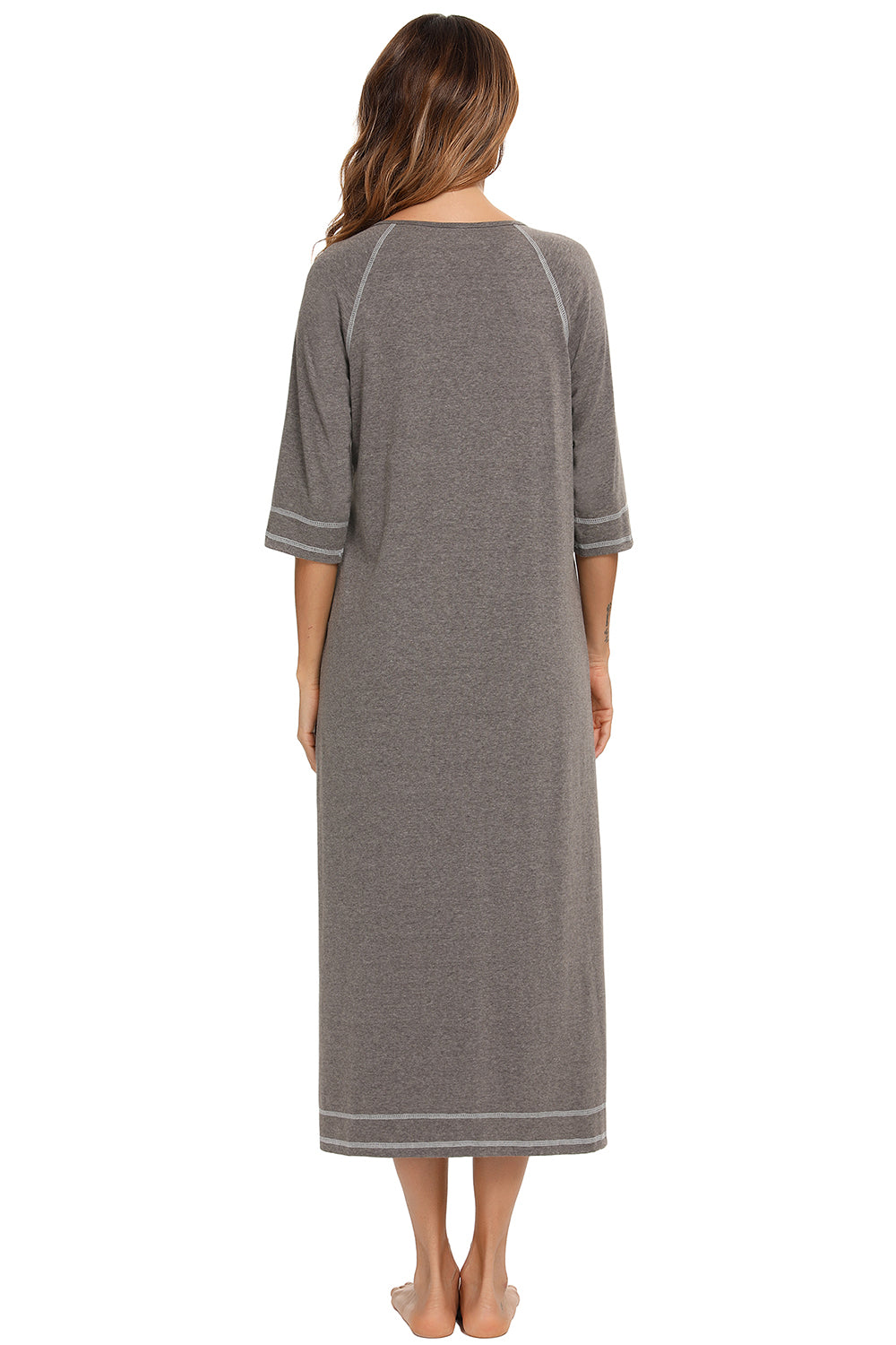 Zip Up Slit Round Neck Night Dress with Pockets - Fashorio