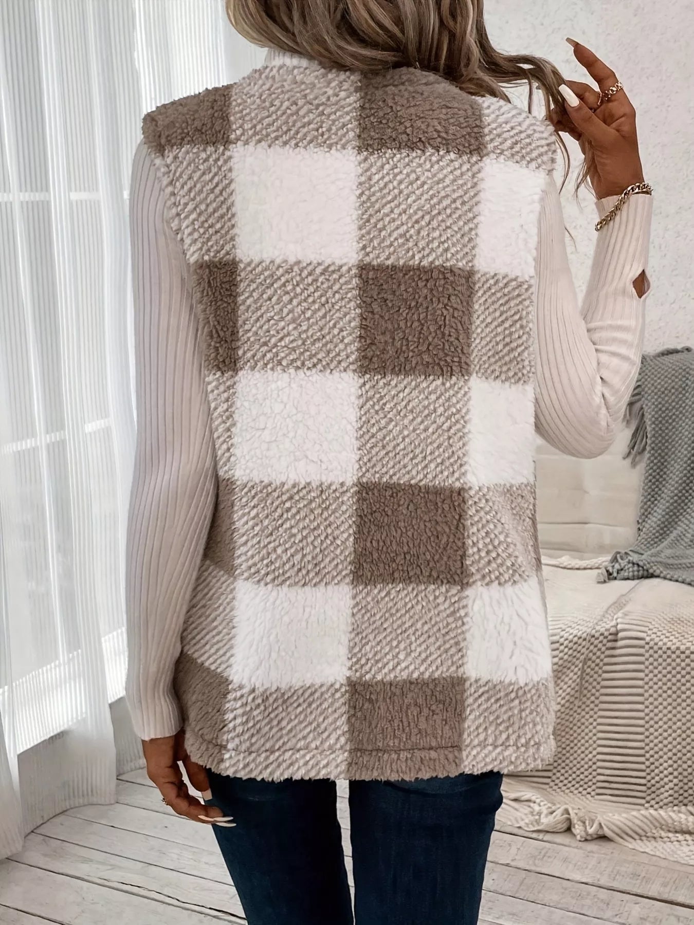 Plaid Sherpa Vest Coat with Pockets - Fashorio