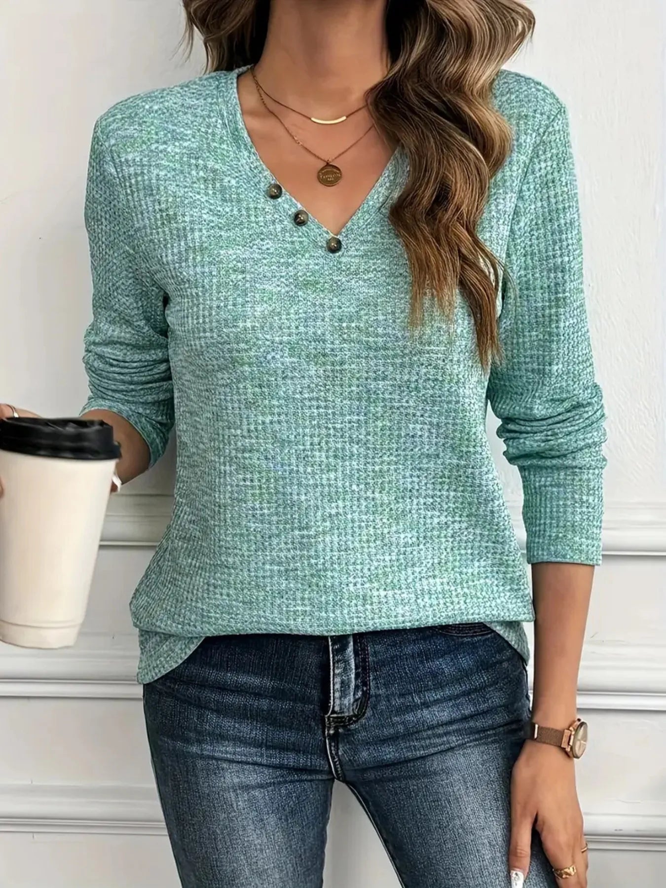 Heathered V-Neck Long Sleeve T-Shirt - Fashorio