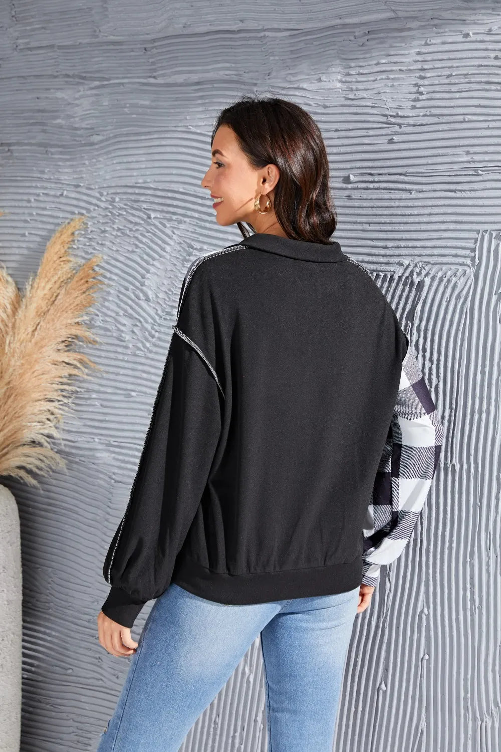 Plaid Exposed Seam Long Sleeve Blouse - Fashorio
