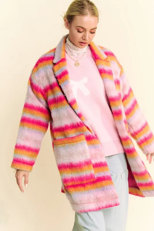 Davi & Dani Contrast Striped Open Front Coat with Pockets - Fashorio