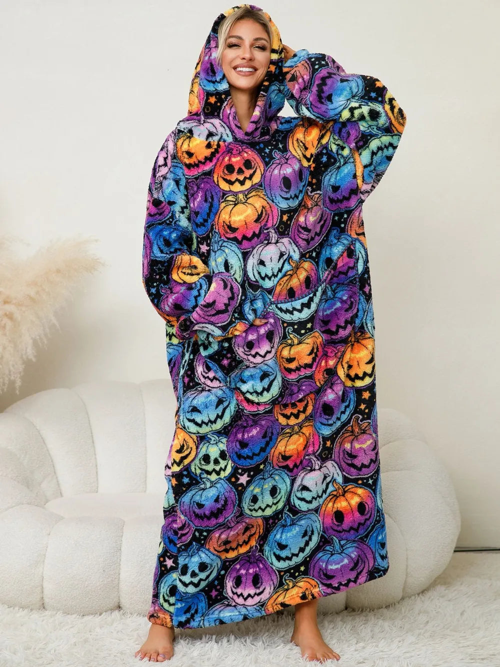 Fuzzy Pocketed Long Sleeve Hooded Lounge Dress - Fashorio