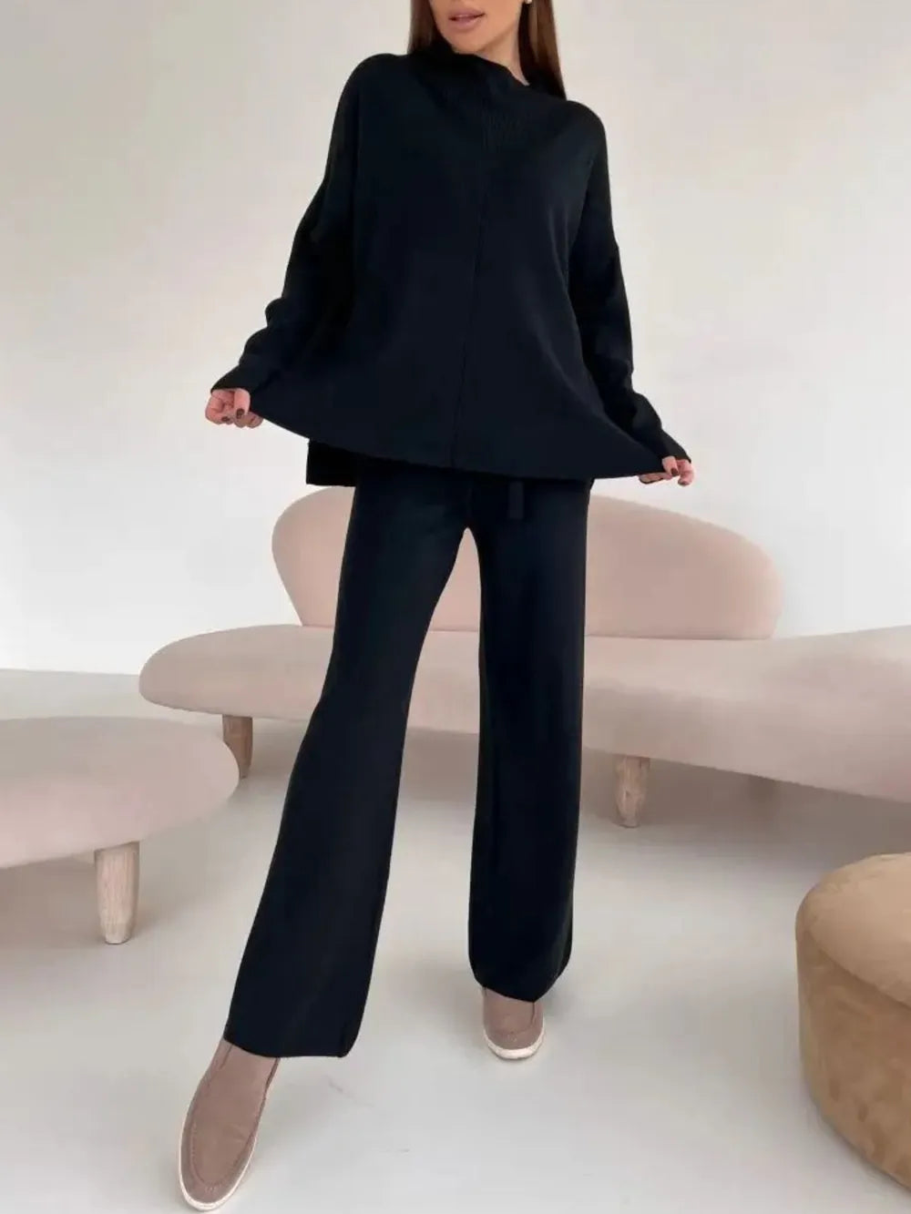 Slit Mock Neck Top and Pants Sweater Set - Fashorio