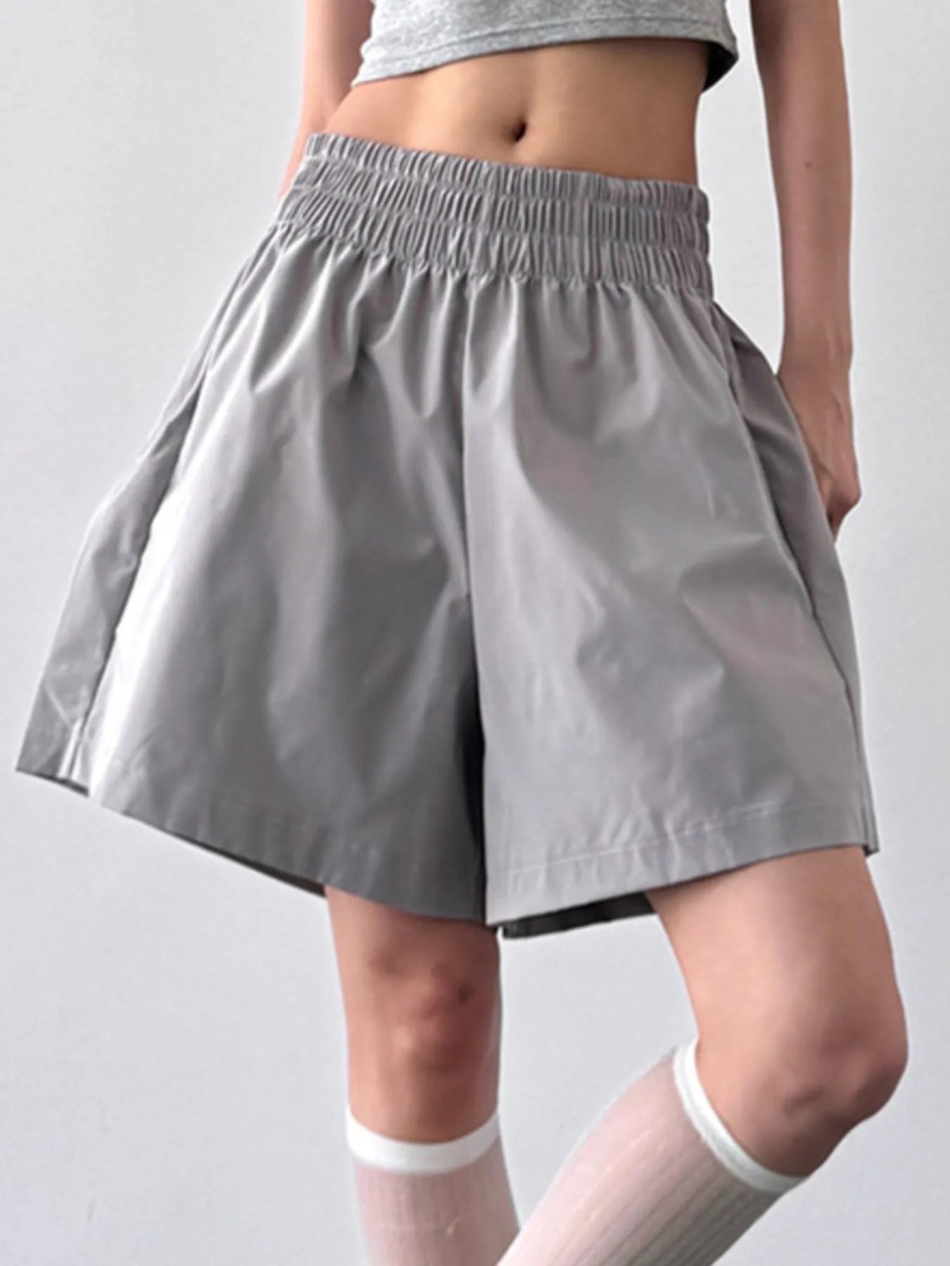Smocked Wide-Leg Shorts Grey - Fashorio