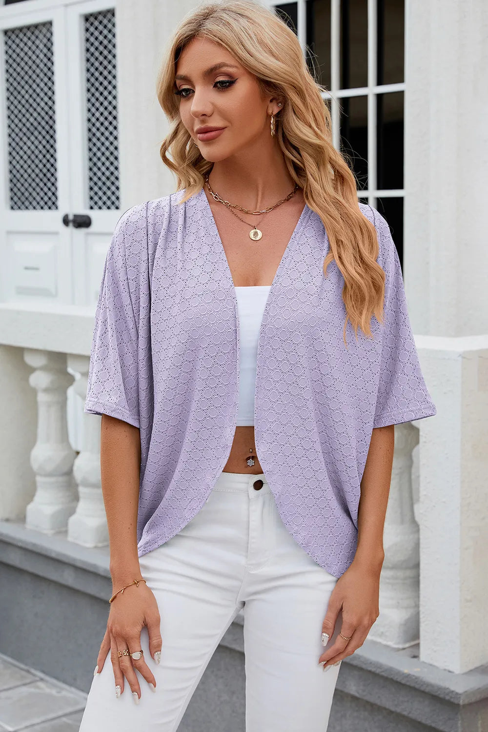 Eyelet Open Front Half Sleeve Cardigan - Fashorio