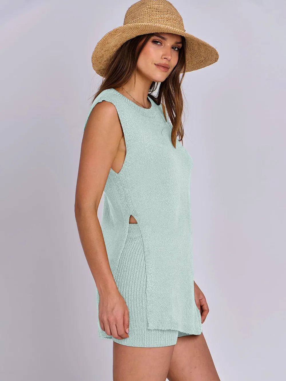 Side Slit Round Neck Tank and Ribbed Shorts Sweater Set - Fashorio