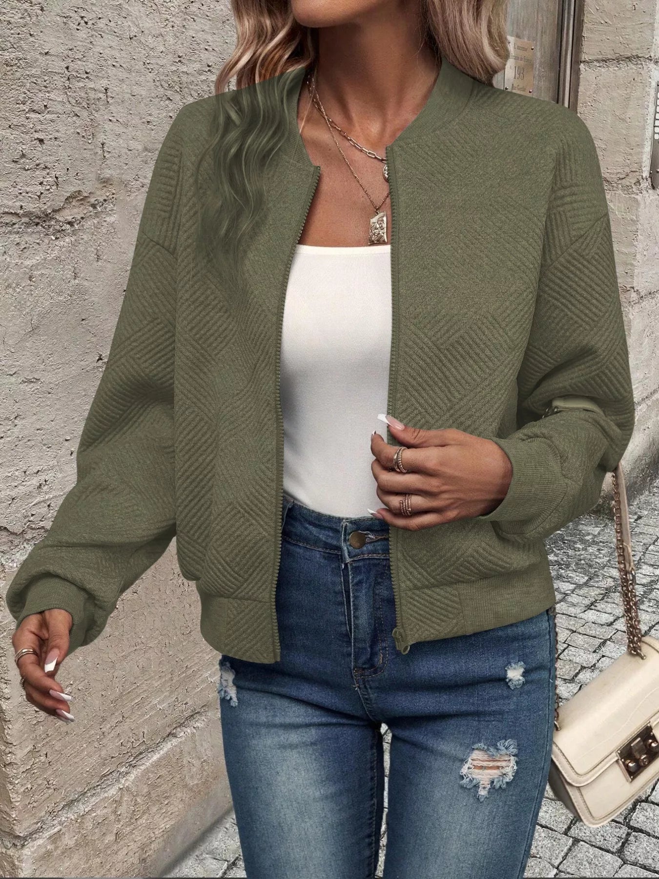 Textured Zip-Up Long Sleeve Jacket for Casual Layering - Fashorio