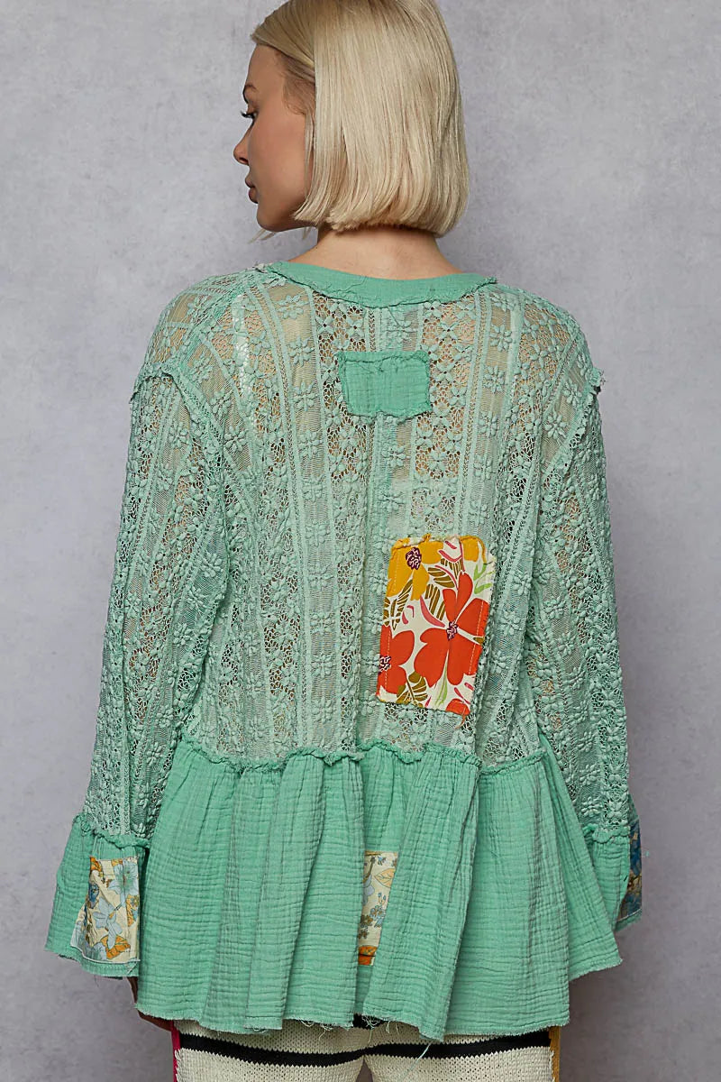 POL Lace Ruffled Hem Open Front Cardigan - Fashorio