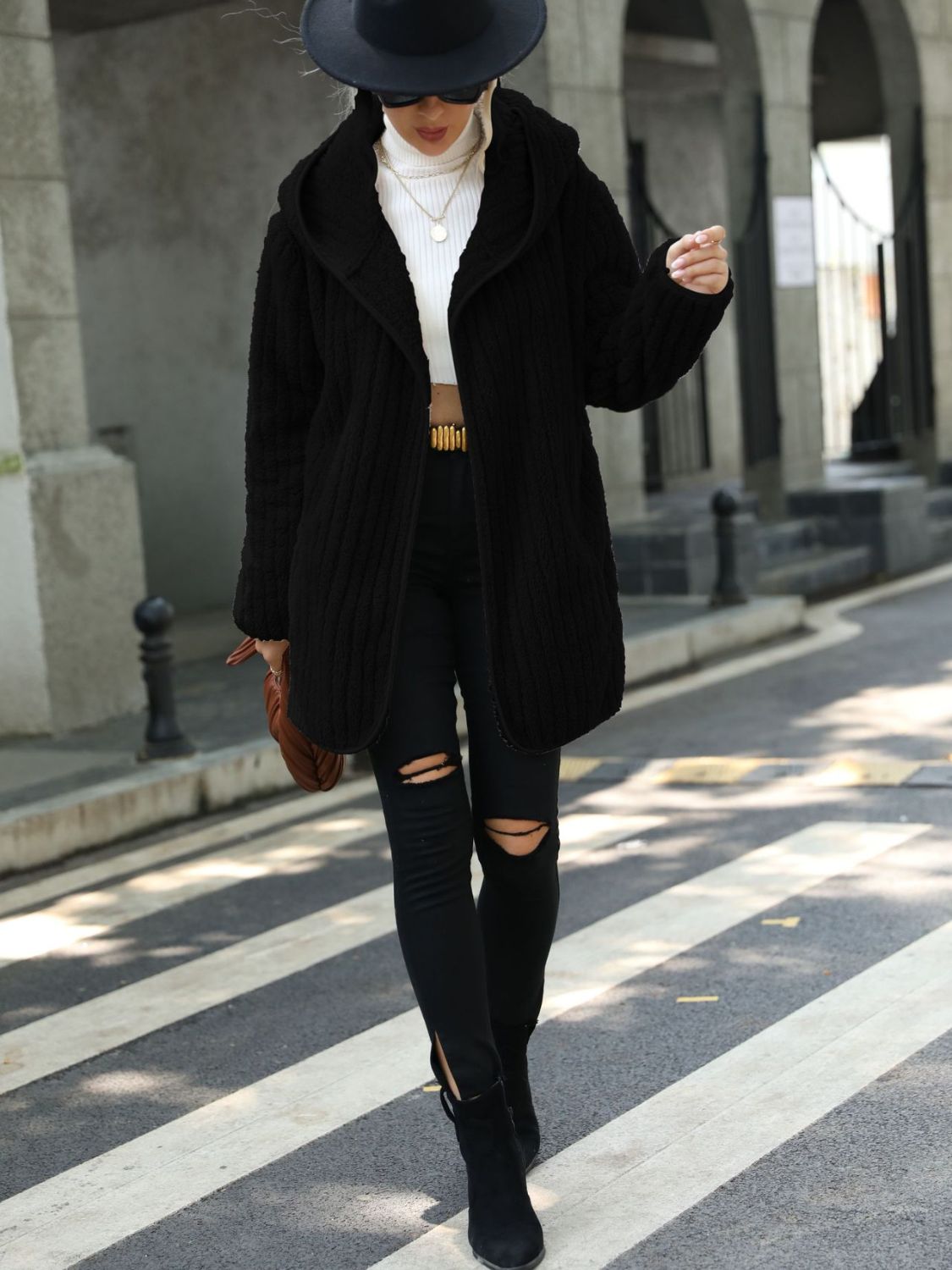 Open Front Ribbed Hooded Coat - Fashorio