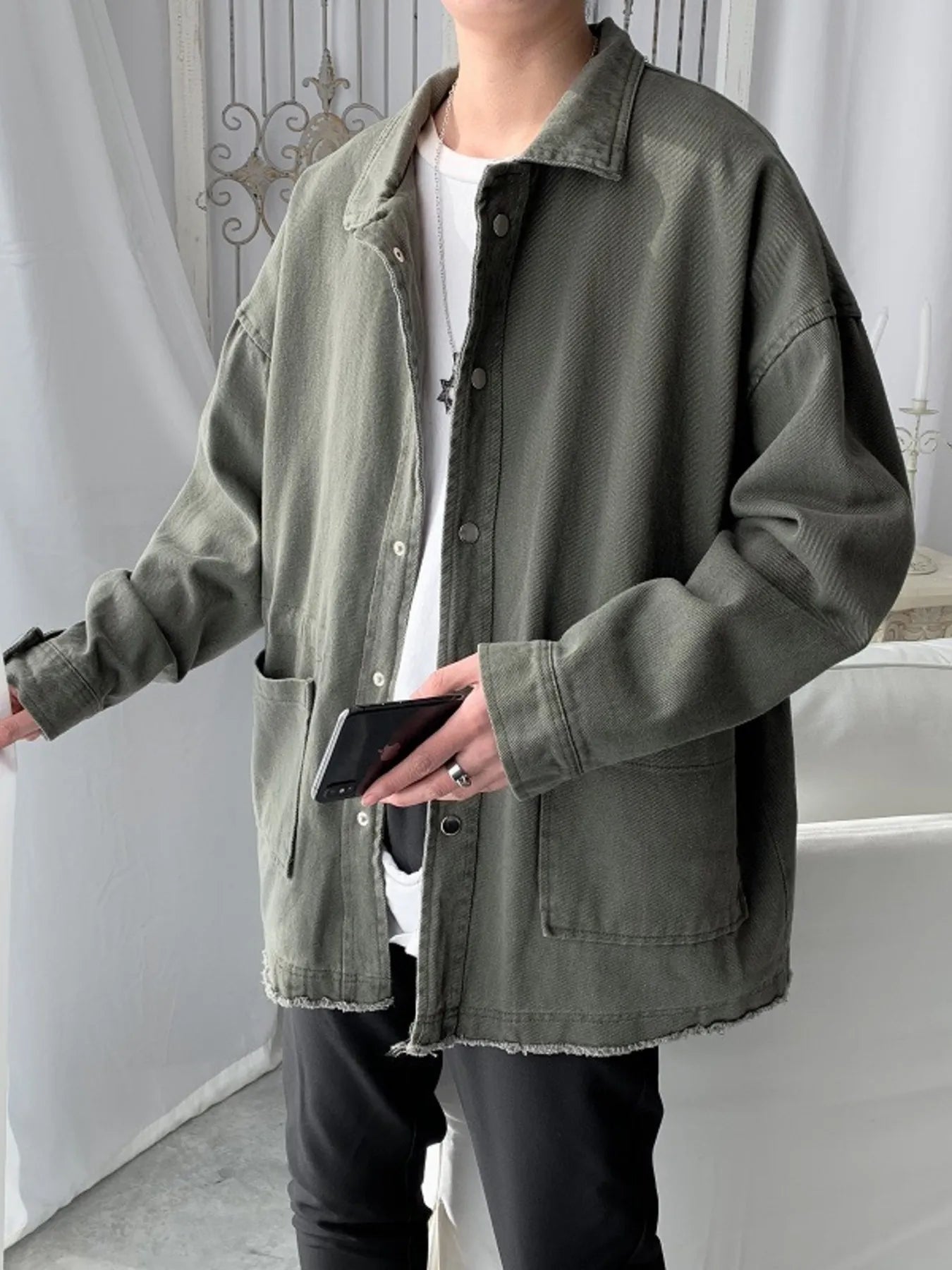 Men's Button Up Long Sleeve Jacket Army Green - Fashorio