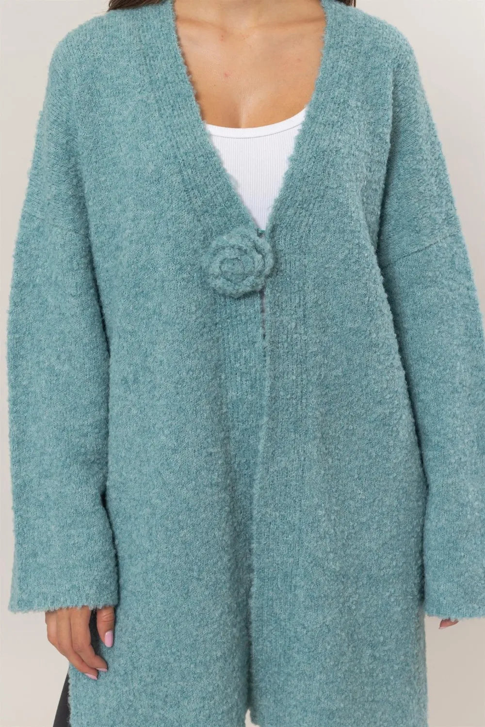 HYFVE Front Rosette Longline Slit Sweater Cardigan - Fashorio