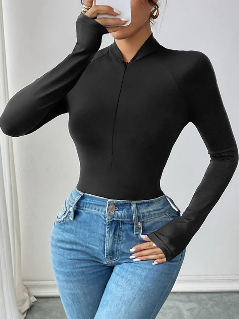 Perfee Half Zip Long Sleeve Bodysuit - Fashorio