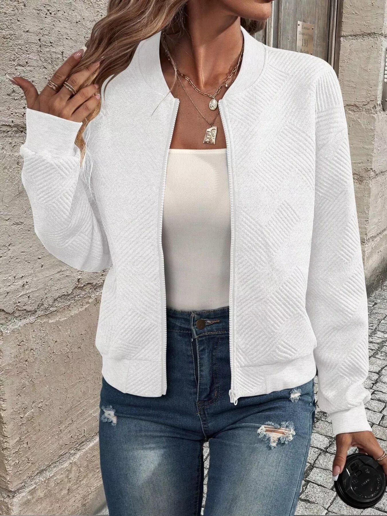 Textured Zip-Up Long Sleeve Jacket for Casual Layering - Fashorio