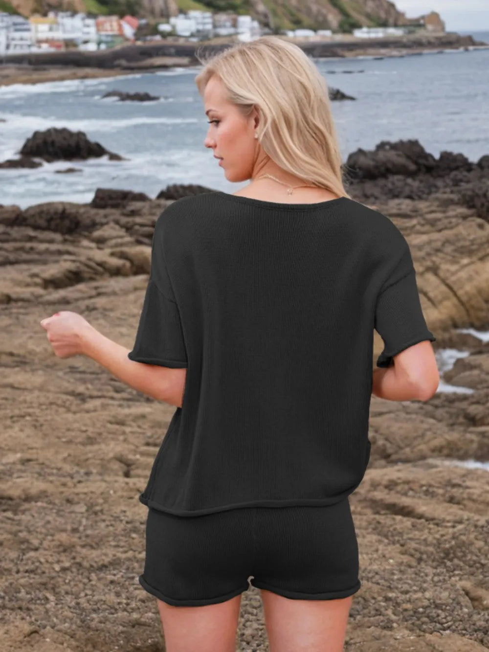 Round Neck Short Sleeve Top and Shorts Sweater Set - Fashorio