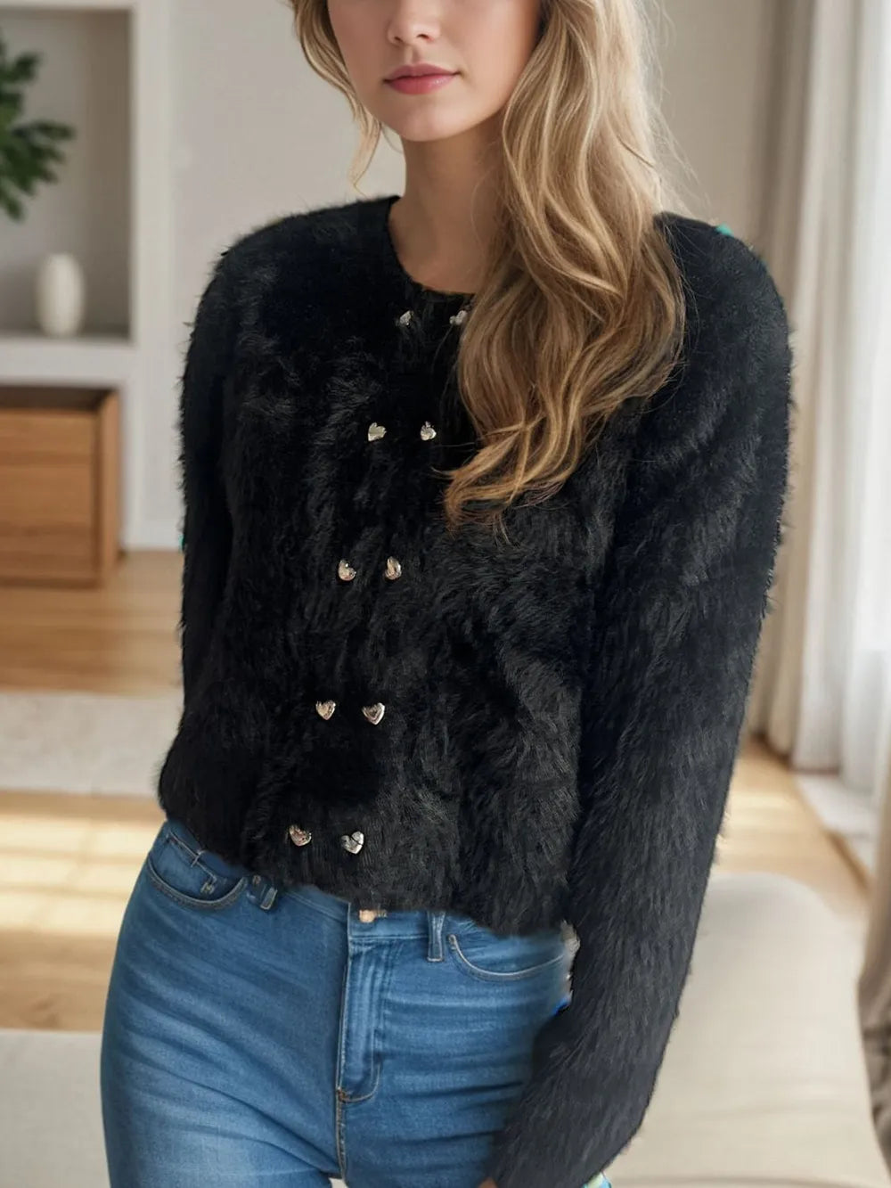 Heart Button Round Neck Cardigan - Fashorio