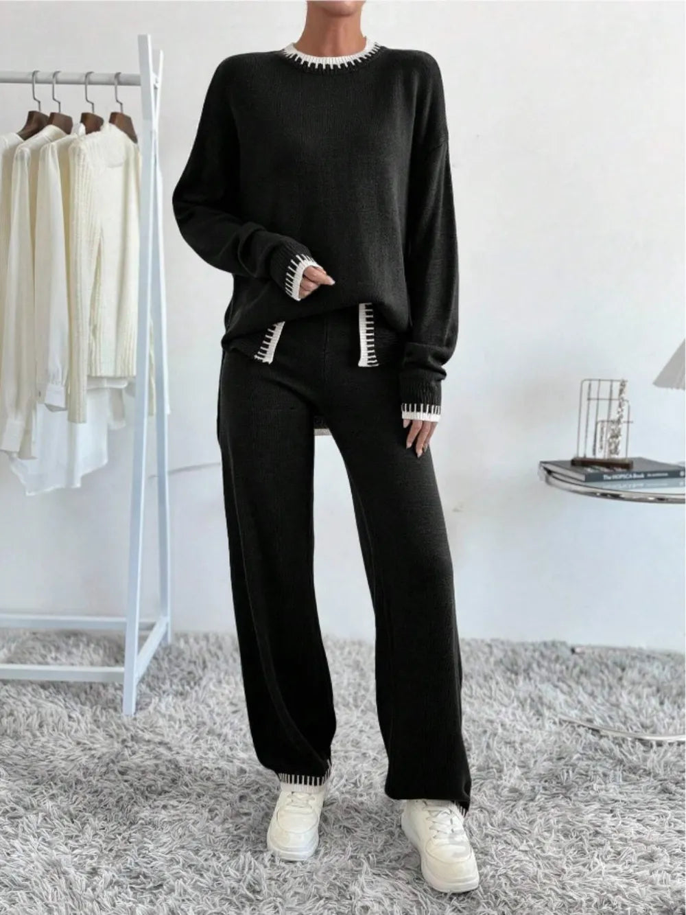 Side Slit Contrast Trim Round Neck Top and Pants Sweater Set - Fashorio