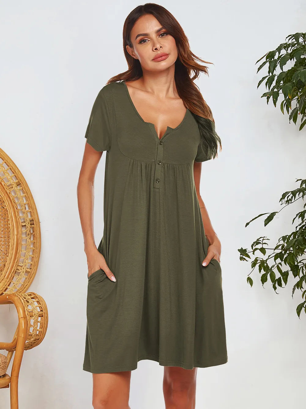 Notched Short Sleeve Mini Lounge Dress - Fashorio