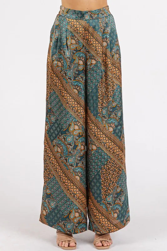 Mittoshop Paisley Patchwork Print Satin Wide Leg Pants Teal Green - Fashorio