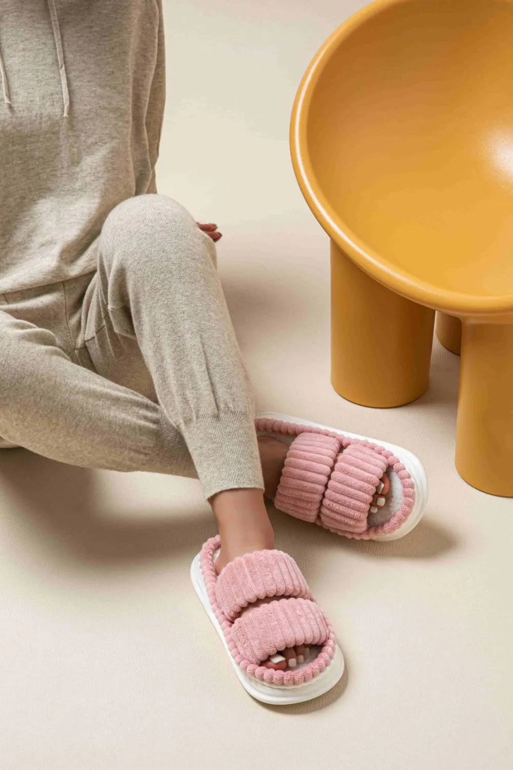 Open Toe Fluff Platform Slippers Dusty Pink - Fashorio
