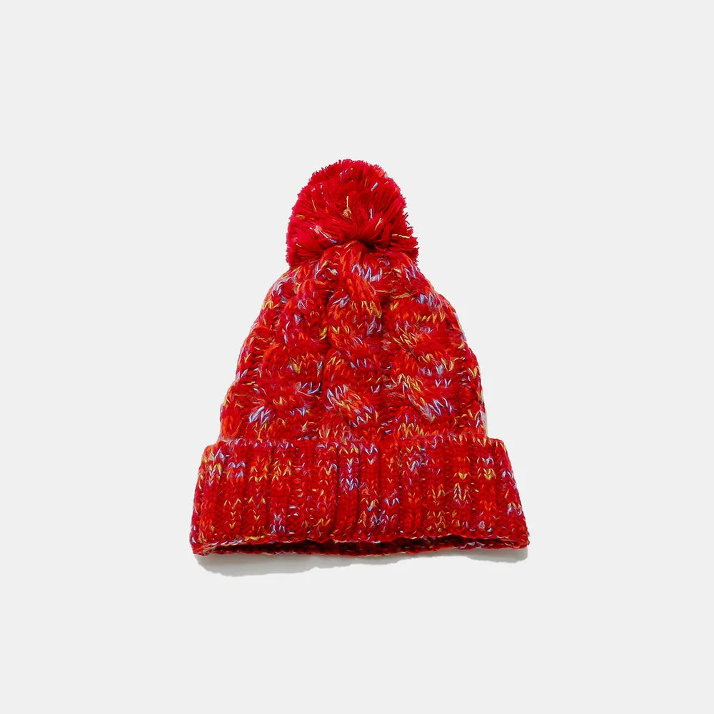 Contrast Cable-Knit Hat with Pompom Deep Red One Size - Fashorio