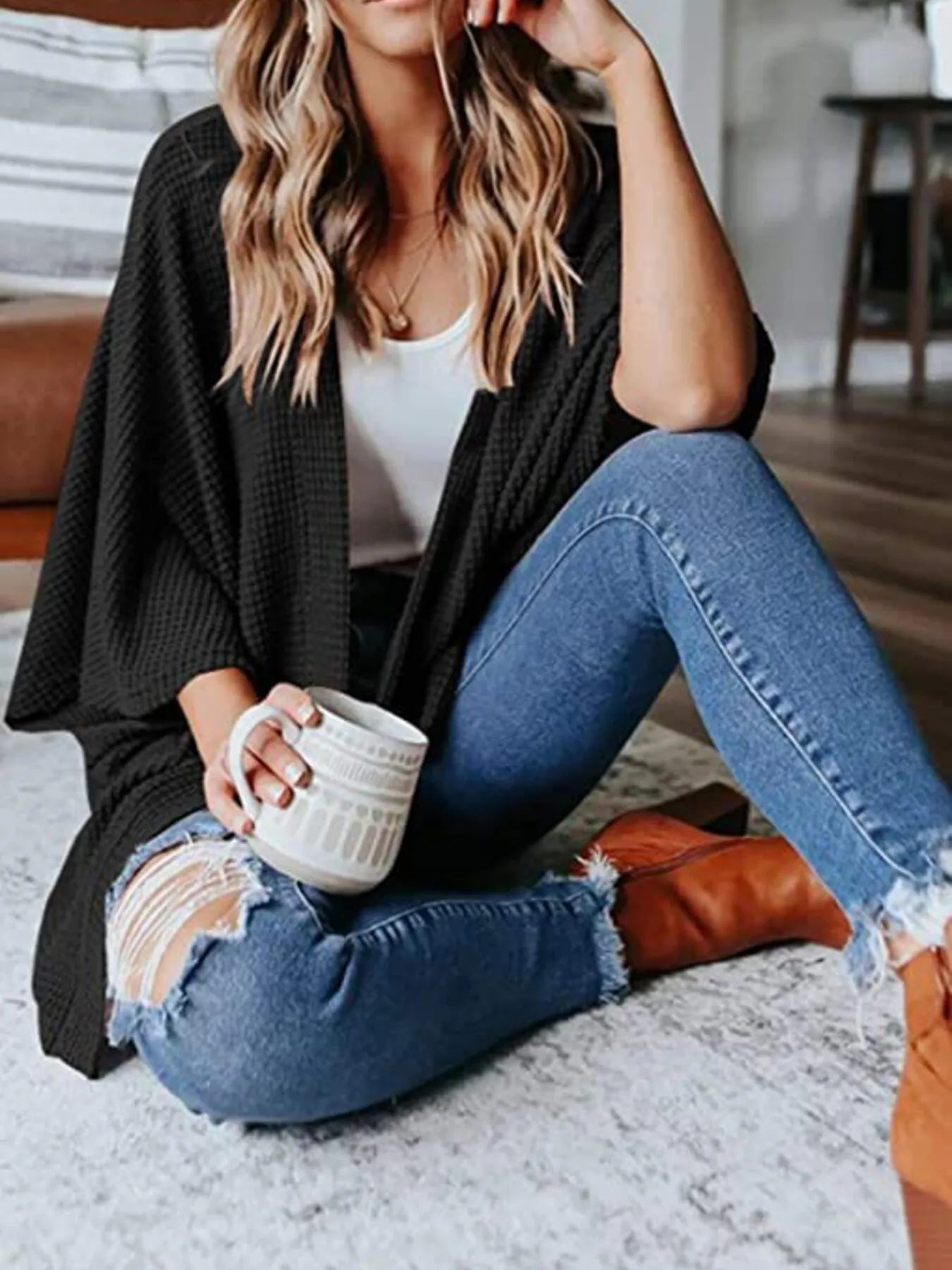 Full Size Open Front Waffle Knit Cardigan Plus Size Black - Fashorio