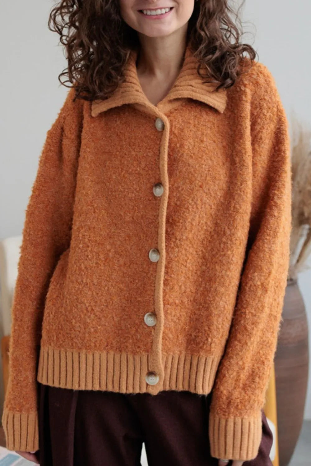 Collared Neck Button Down Long Sleeve Cardigan - Fashorio