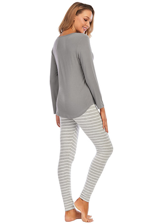 Graphic Round Neck Top and Striped Pants Set - Fashorio