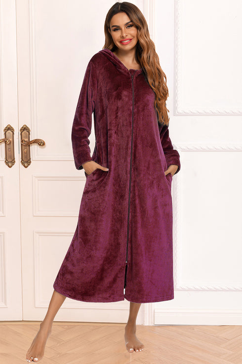 Zip Front Hooded Night Dress with Pockets Wine - Fashorio
