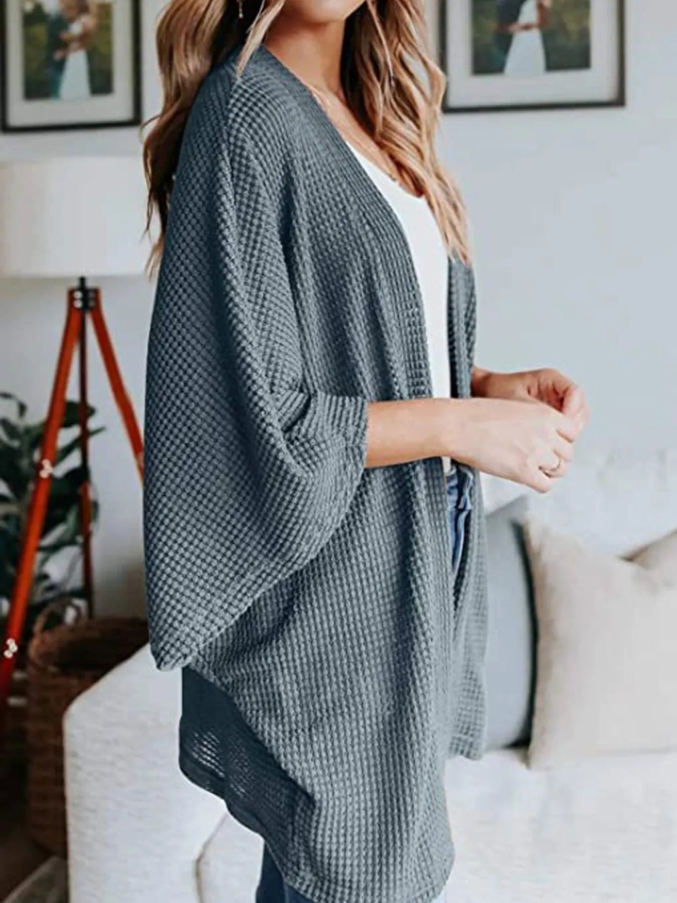 Full Size Open Front Waffle Knit Cardigan Plus Size - Fashorio